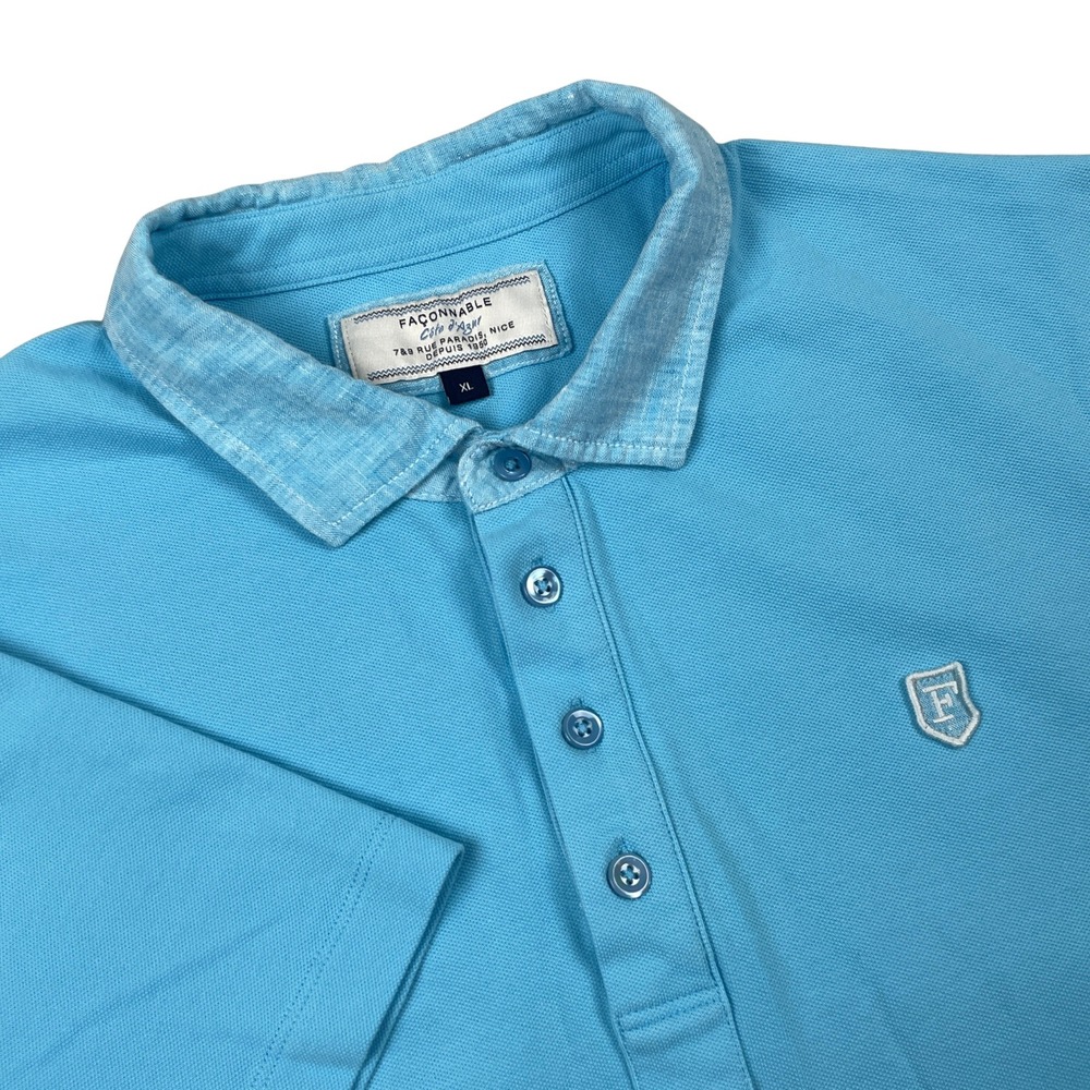 Faconnable Cote dAzur Mens XL Blue Linen Trim Pique Stretch Polo Shirt Resort SS